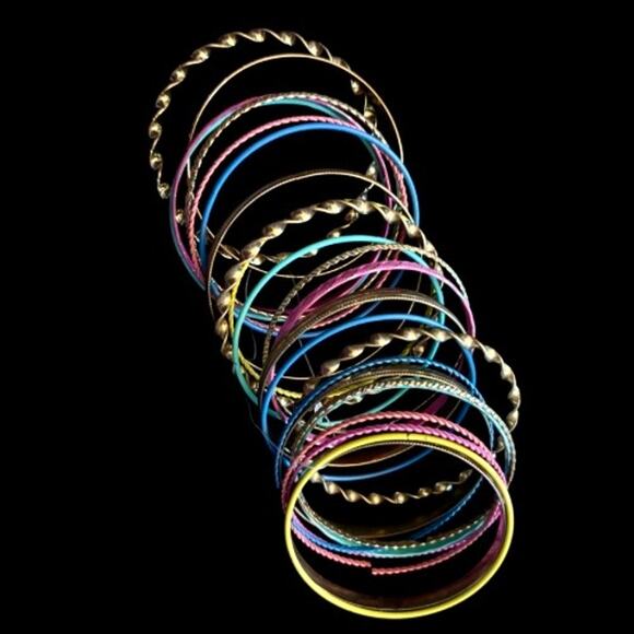 NWT Gold/ Pink/ Blue/ Turquoise Toned Metal Bangle Bracelet Set (24 Bangles) - Picture 4 of 8